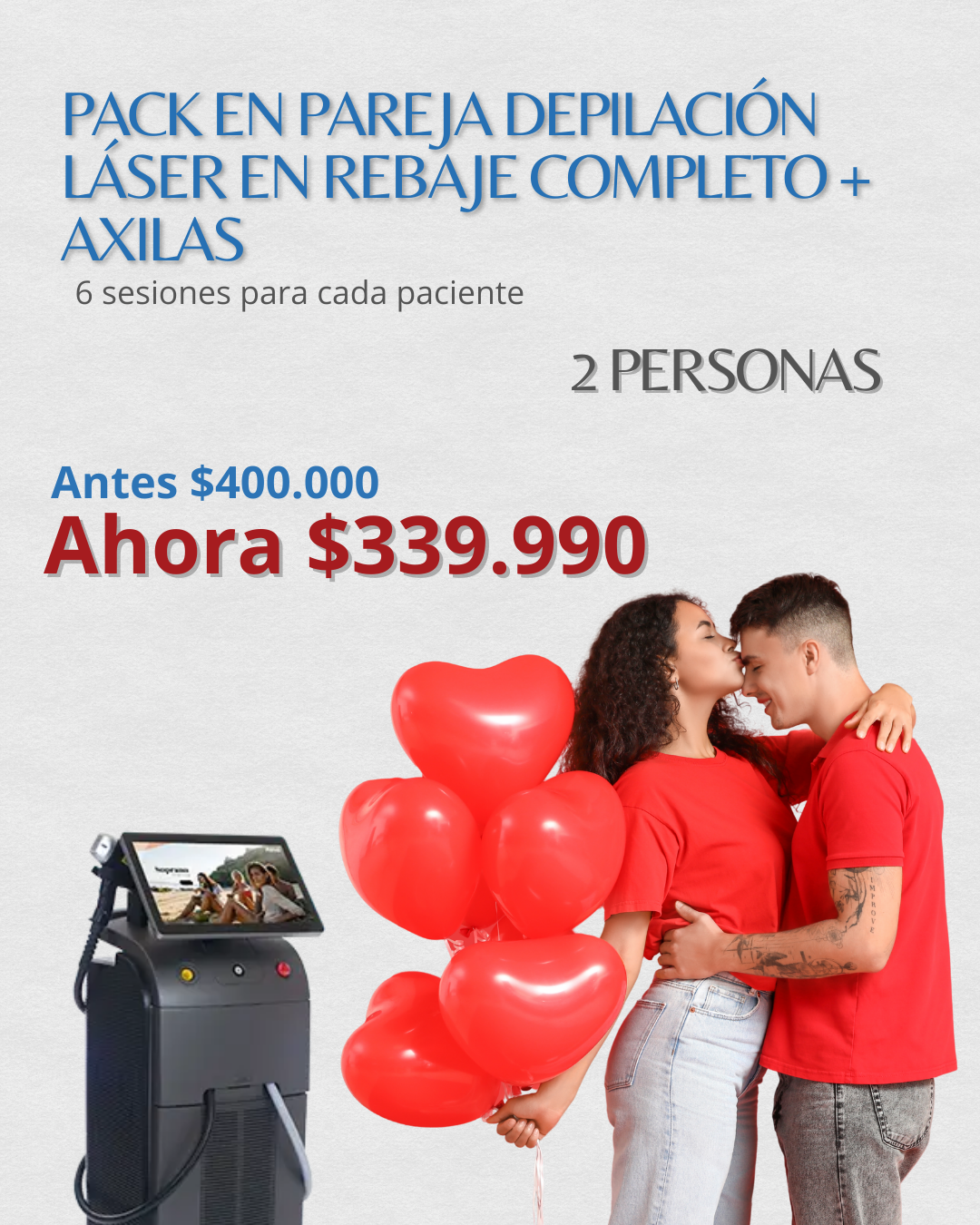PACK EN PAREJA DEPILACIÓN LÁSER EN REBAJE COMPLETO + AXILAS – 6 sesiones para cada paciente